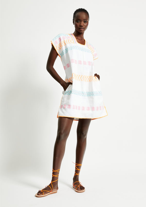 pippa holt Kaftan No.253 Single panel 'supermini kaftan in white with neon multicoulered design