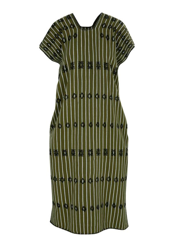Pippa Holt Kaftan No.254 Single Panel Midi Kaftan In Khaki And White Stripe With Black Motifs