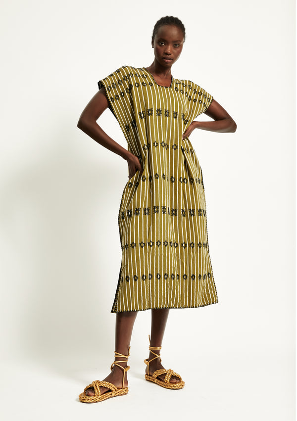 pippa holt Kaftan No.254 Single panel midi kaftan in khaki and white stripe with black motifs