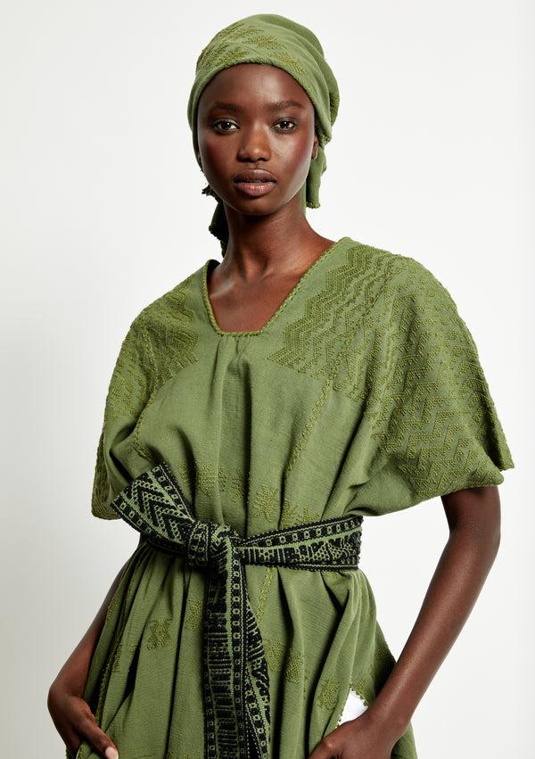 Pippa Holt Kaftan No.255 Three Panel Maxi Kaftan In Khaki With Green Design