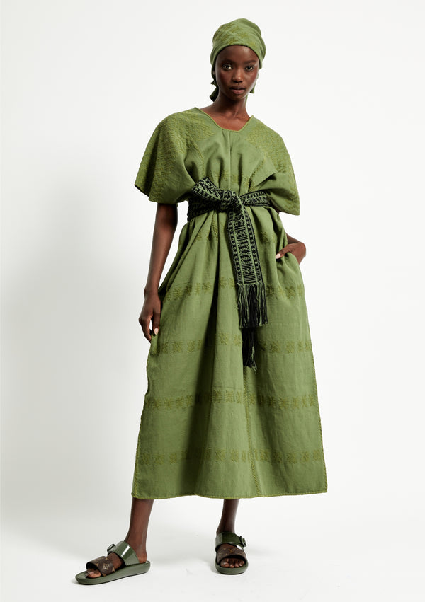 pippa holt Kaftan No.255 Three panel maxi kaftan in khaki with green design