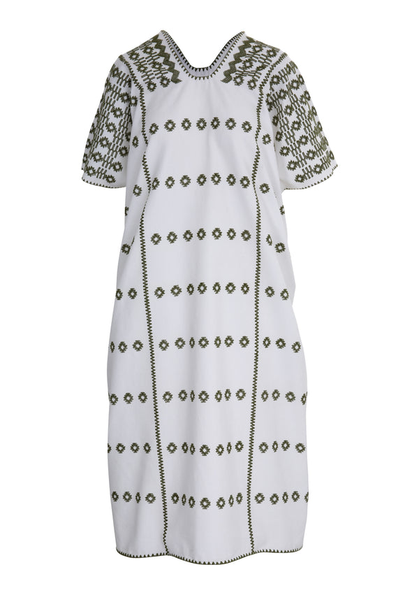 Pippa Holt Kaftan No.256 Three Panel Midi Kaftan In White With Khaki Design