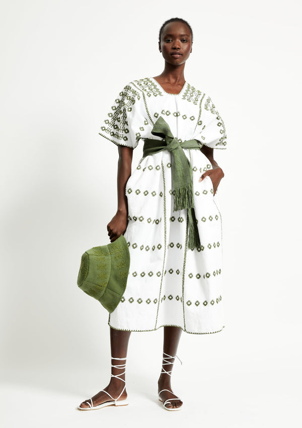 pippa holt Kaftan No.256 Three panel midi kaftan in white with khaki design