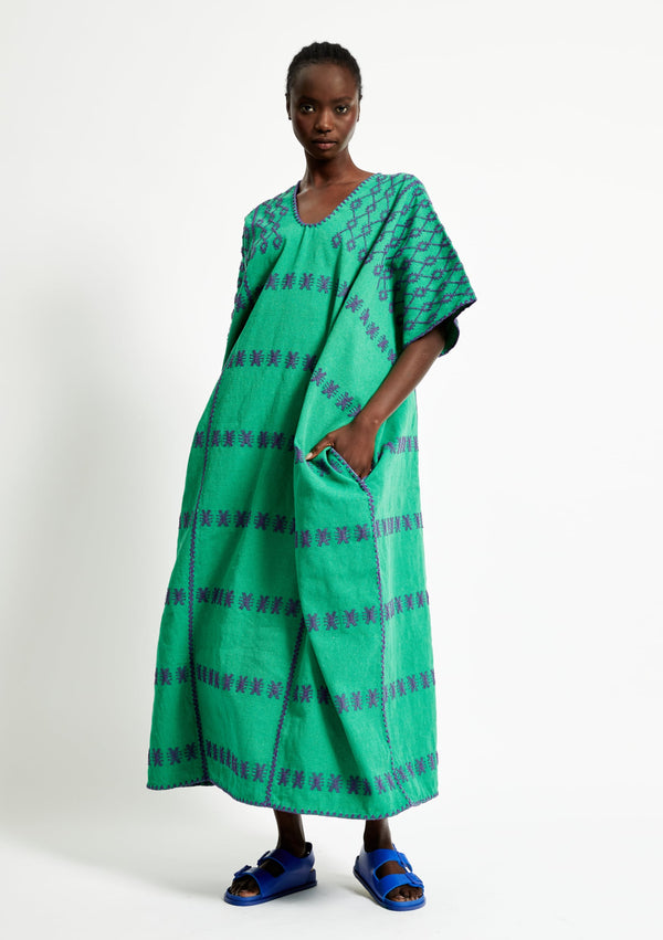 pippa holt Kaftan No.257 Three panel maxi kaftan in green with purple design