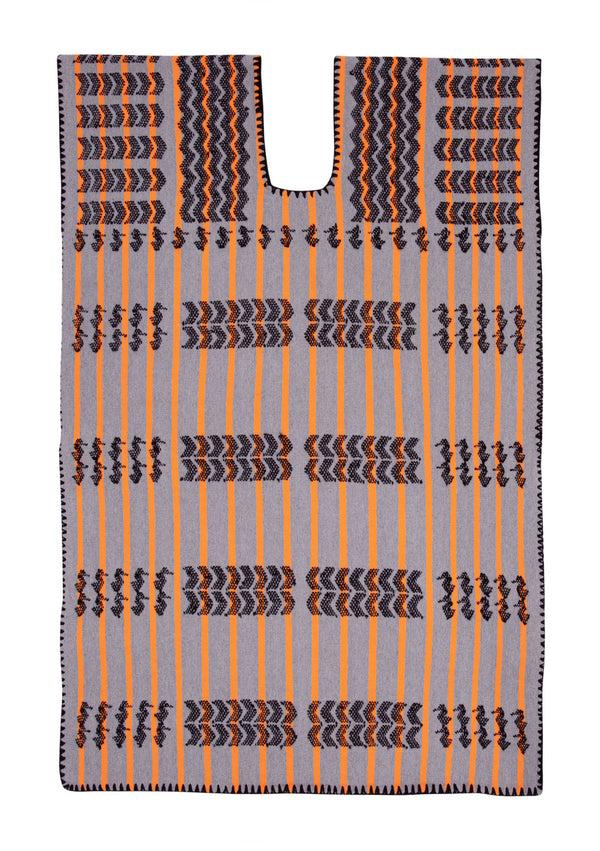 Pippa Holt Kaftan No.259 Single Panel Mini Kaftan In Grey And Neon Orange Stripe With Black Zig Zag Design