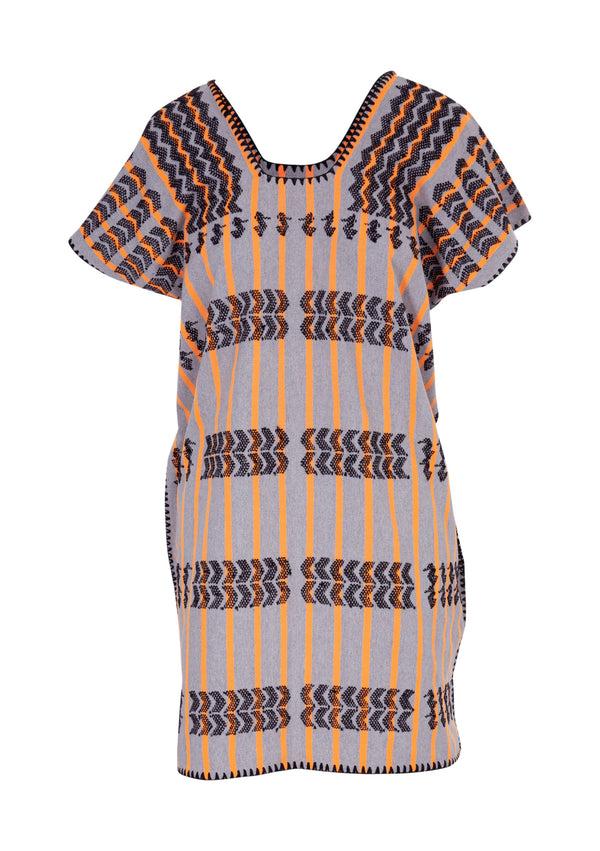Pippa Holt Kaftan No.259 Single Panel Mini Kaftan In Grey And Neon Orange Stripe With Black Zig Zag Design