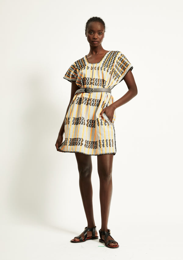 pippa holt Kaftan No.259 Single panel mini kaftan in grey and neon orange stripe with black zig zag design