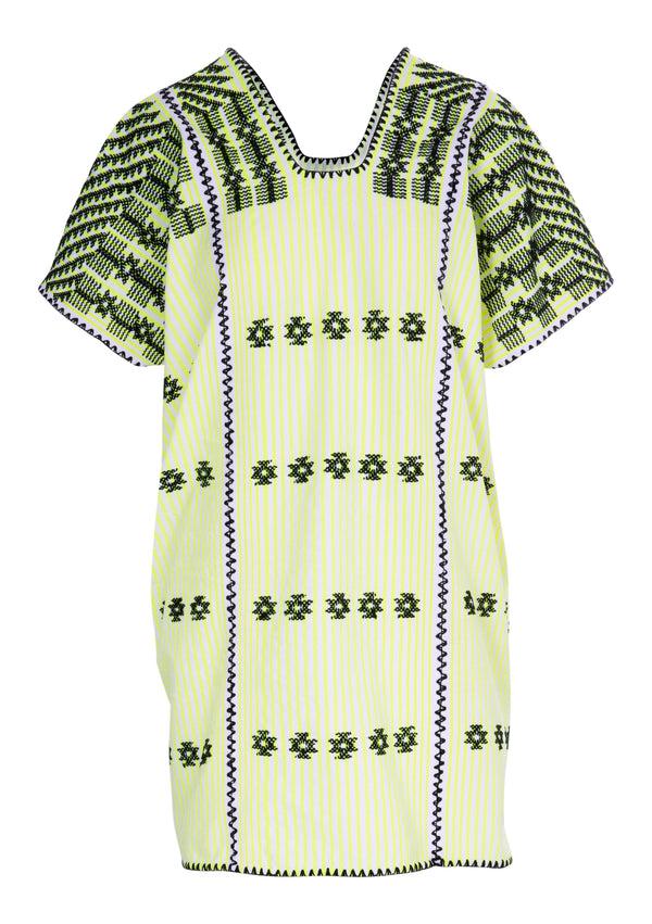 Pippa Holt Kaftan No.261 Three Panel Mini Kaftan In Neon Yellow And White Stripe With Black Design
