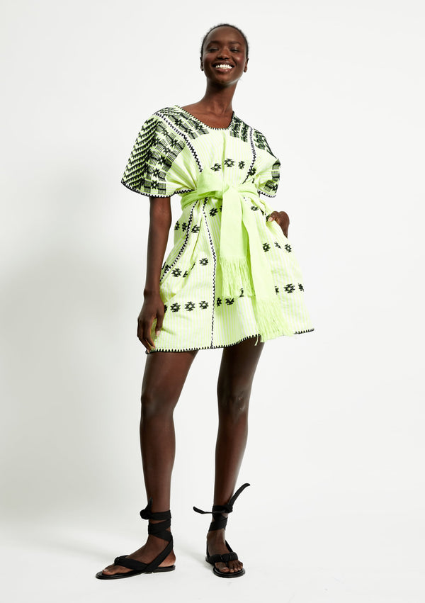 pippa holt Kaftan No.261 Three panel mini kaftan in neon yellow and white stripe with black design