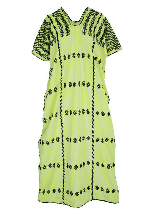 Pippa Holt Kaftan No.262 Three Panel Midi Kaftan In Neon Yellow And White Stripe With Black Design