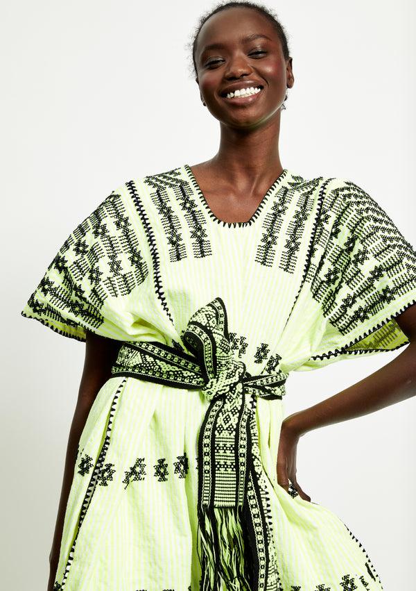 Pippa Holt Kaftan No.262 Three Panel Midi Kaftan In Neon Yellow And White Stripe With Black Design