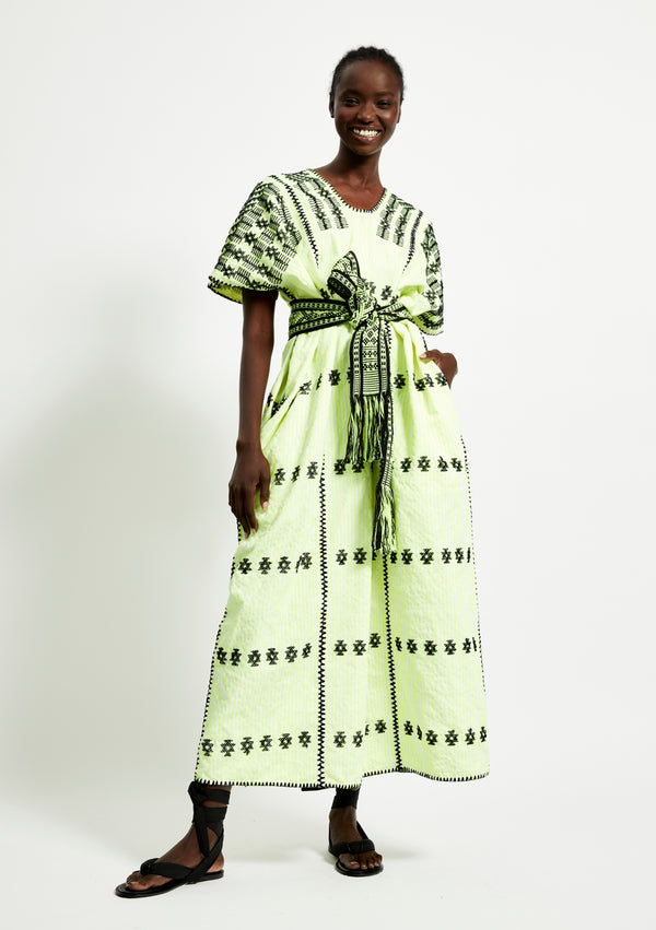 pippa holt Kaftan No.262 Three panel midi kaftan in neon yellow and white stripe with black design