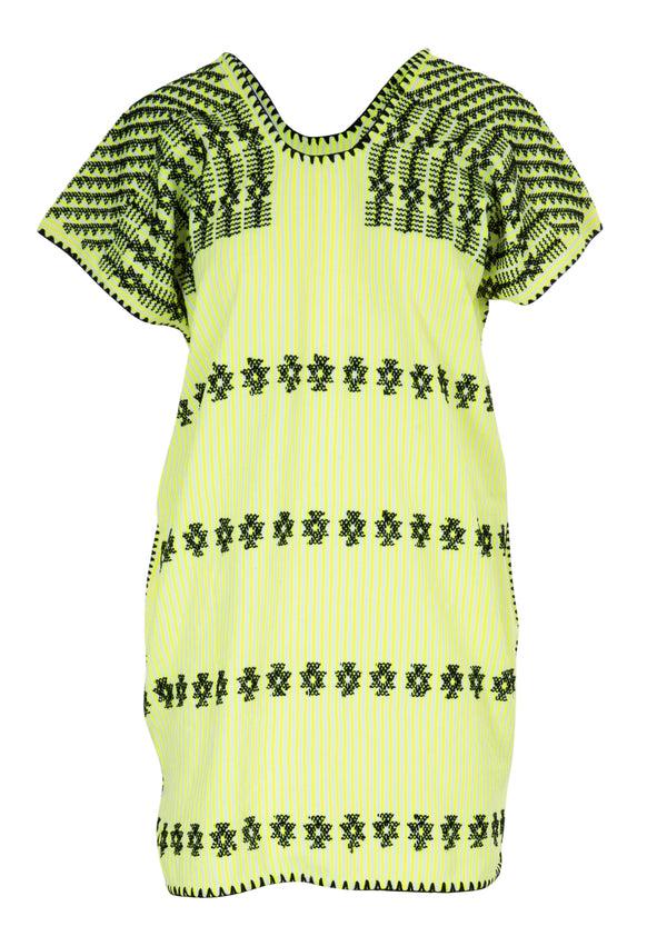 Pippa Holt Kaftan No.263 Single Panel ‘supermini’ Kaftan In Neon Yellow And White Stripe With Black Design