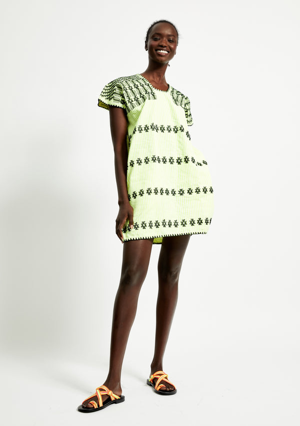 pippa holt Kaftan No.263 Single panel ‘supermini’ kaftan in neon yellow and white stripe with black design