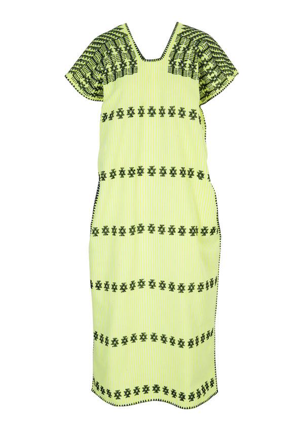 Pippa Holt Kaftan No.264 Single Panel Midi Kaftan In Neon Yellow And White Stripe With Black Design