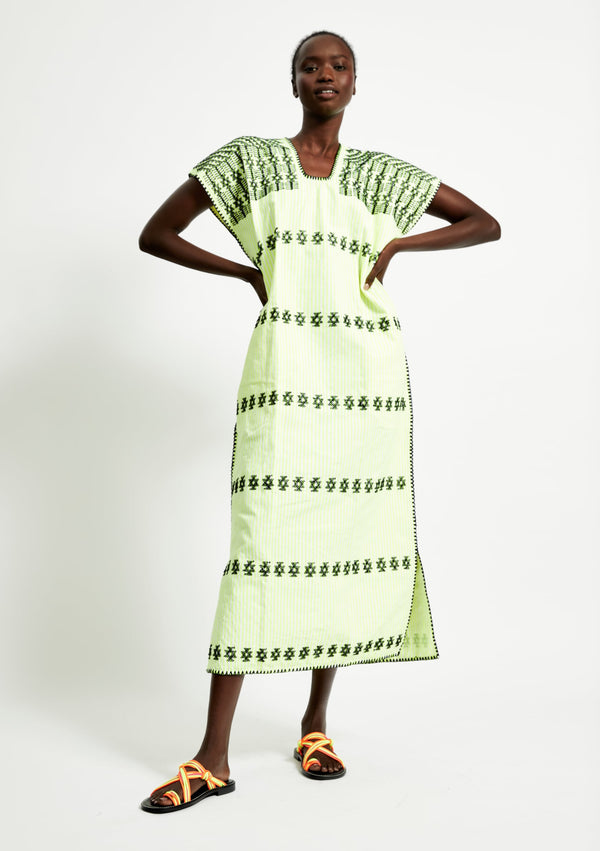 pippa holt Kaftan No.264 Single panel midi kaftan in neon yellow and white stripe with black design