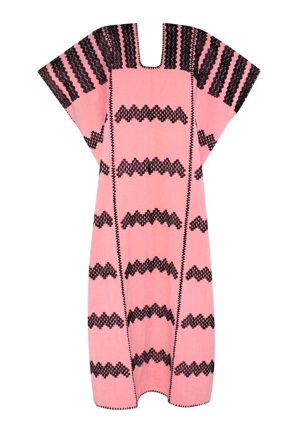 Pippa Holt Kaftan No.266 Three Panel Midi Kaftan In Rose Pink With Black Design