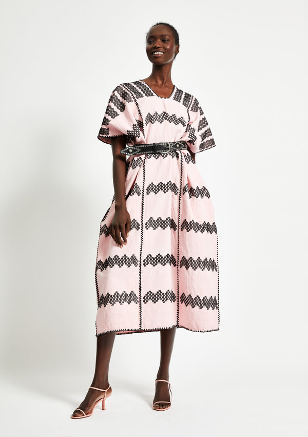 pippa holt kaftan No.266 Three panel midi kaftan in rose pink with black design