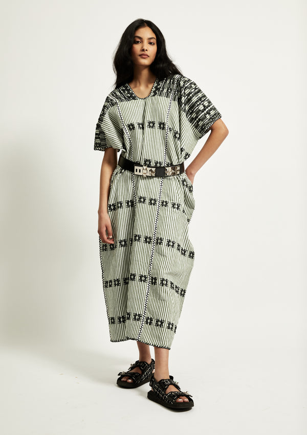pippa holt Kaftan No.268 Three panel midi kaftan in khaki and white stripe with black design