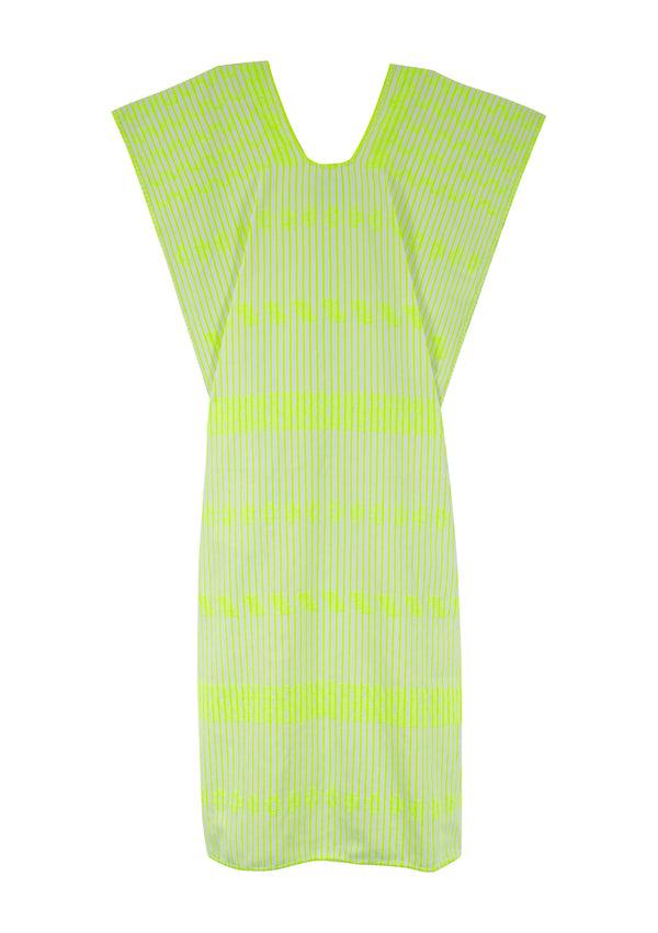 Pippa Holt Kaftan No.269 Single Panel Midi Kaftan In Neon Yellow And White Stripe With Neon Yellow Design