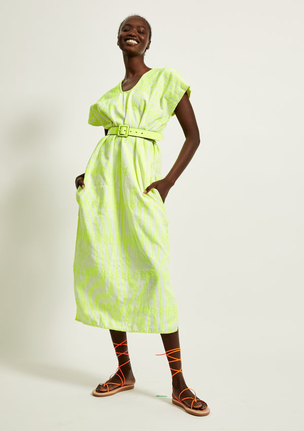 pippa holt Kaftan No.269 Single panel midi kaftan in neon yellow and white stripe with neon yellow design
