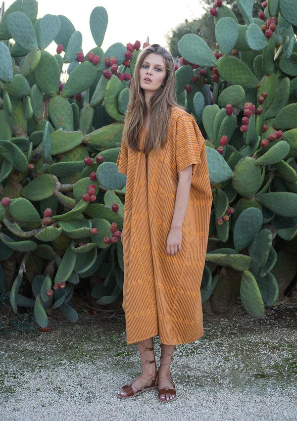 pippa holt Kaftan No.27 Three panel midi kaftan in ochre and brown stripe with ochre design