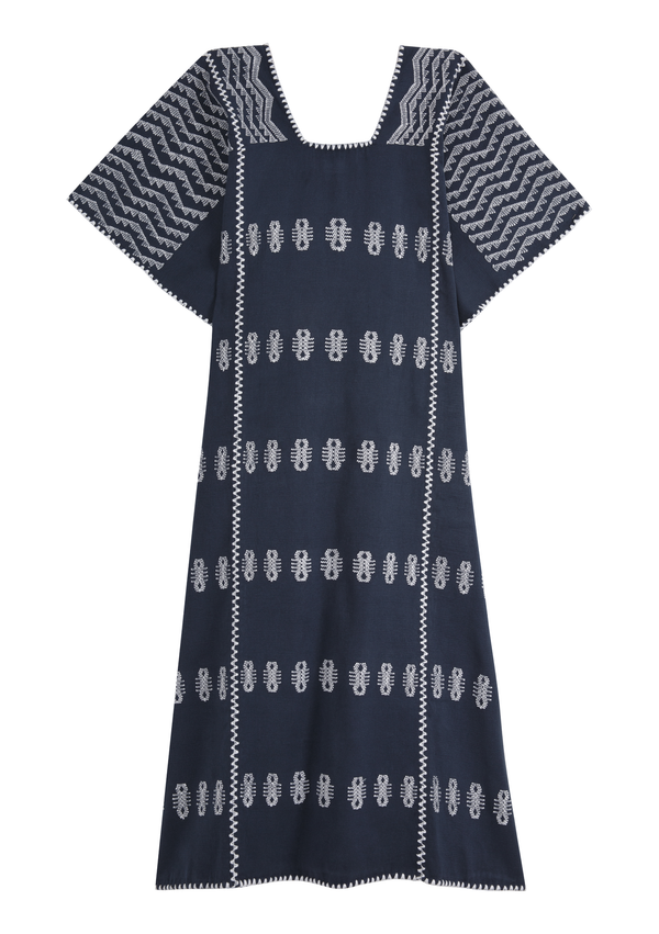 Pippa Holt Kaftan No.270 Three Panel Midi Kaftan In Navy With White Design