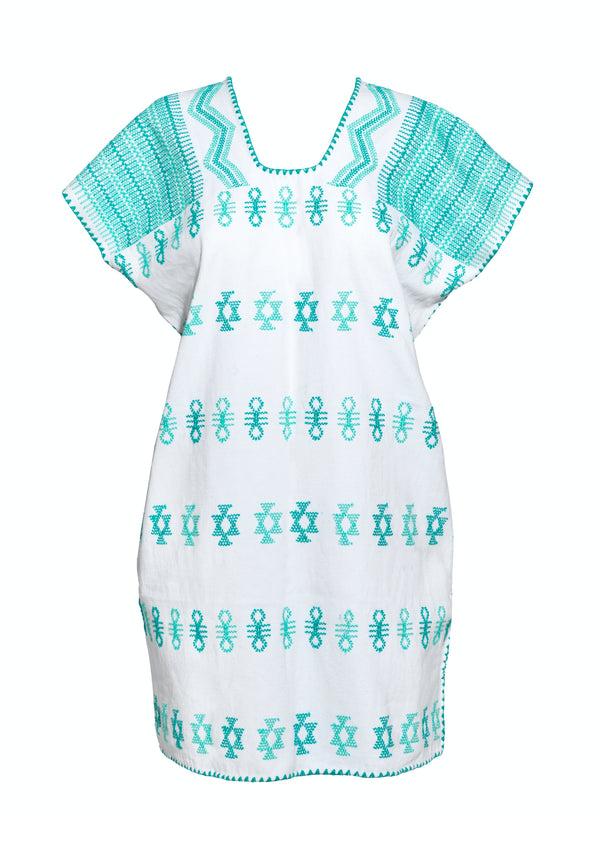 Pippa Holt Kaftan No.271 Single Panel Mini Kaftan In White With Green Design