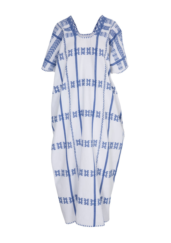 Pippa Holt Kaftan No.272 Three Panel Midi Kaftan In White With Blue Design