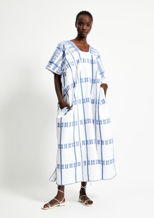 pippa holt Kaftan No.272 Three panel midi kaftan in white with blue design
