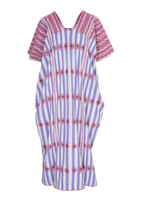 Pippa Holt Kaftan No.274 Three Panel Midi Kaftan In Lilac And White Stripe With Pink Design