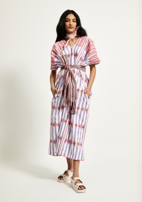 pippa holt Kaftan No.274 Three panel midi kaftan in lilac and white stripe with pink design