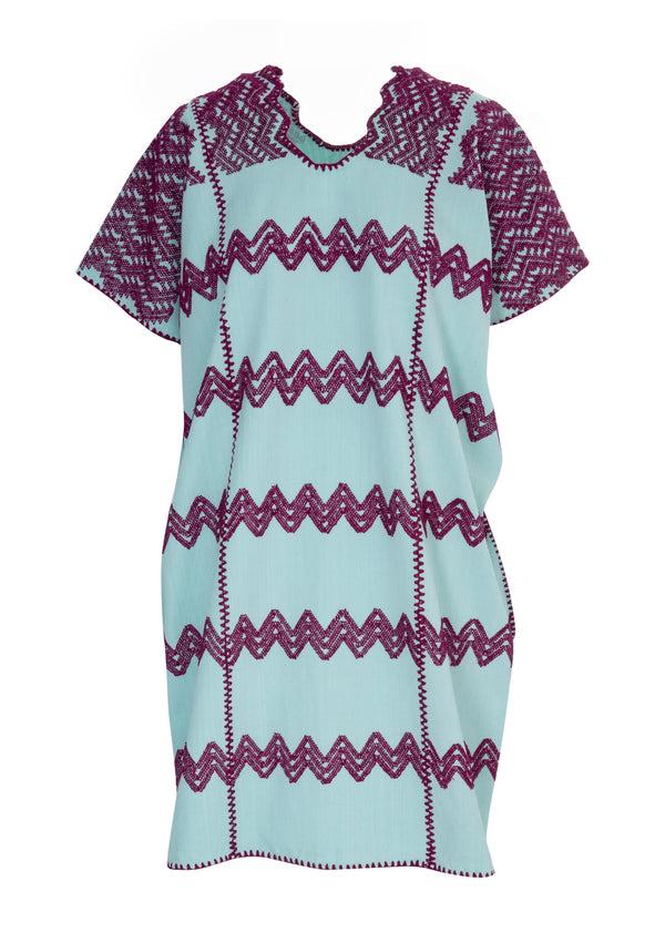 Pippa Holt Kaftan No.279 Three Panel Mini Kaftan In Mint Green With Burgundy Design