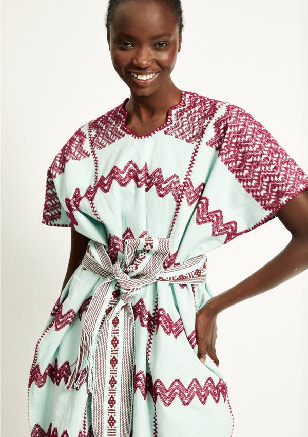 Pippa Holt Kaftan No.279 Three Panel Mini Kaftan In Mint Green With Burgundy Design