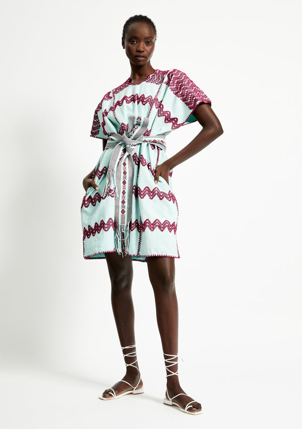 pippa holt Kaftan No.279 Three panel mini kaftan in mint green with burgundy design