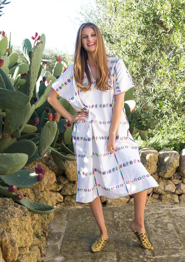 pippa holt Kaftan No.28 Three panel midi kaftan in white with multicoloured 'rainbow' design