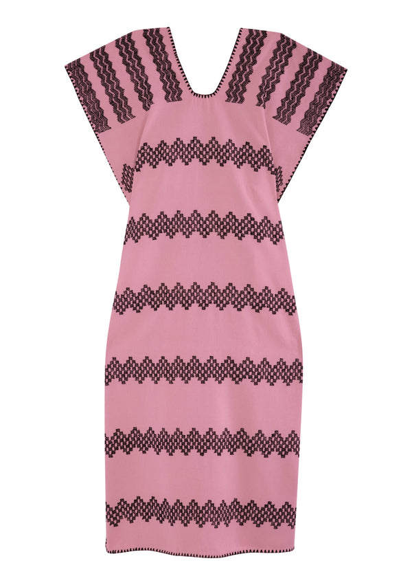 Pippa Holt Kaftan No.282 Single Panel Midi Kaftan In Pink With Black Zig Zag Design
