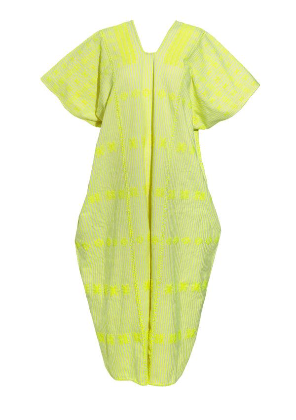 Pippa Holt Kaftan No.284 Three Panel Midi Kaftan In Neon Yellow And White Stripe With Neon Yellow Design
