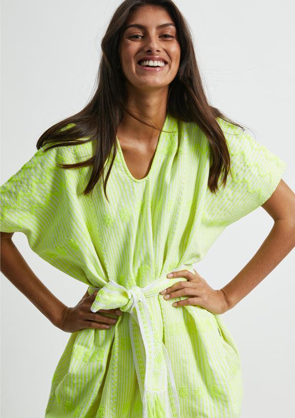 Pippa Holt Kaftan No.284 Three Panel Midi Kaftan In Neon Yellow And White Stripe With Neon Yellow Design