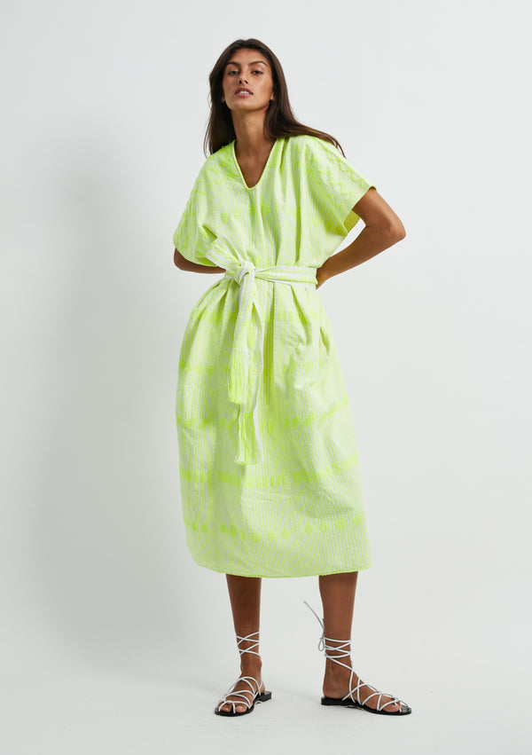 pippa holt Kaftan No.284 Three panel midi kaftan in neon yellow and white stripe with neon yellow design