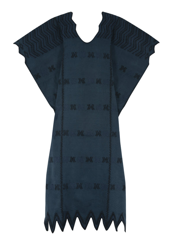 Pippa Holt Kaftan No.285 Three Panel Maxi Kaftan In Navy With Black Design And Zig Zag Hem