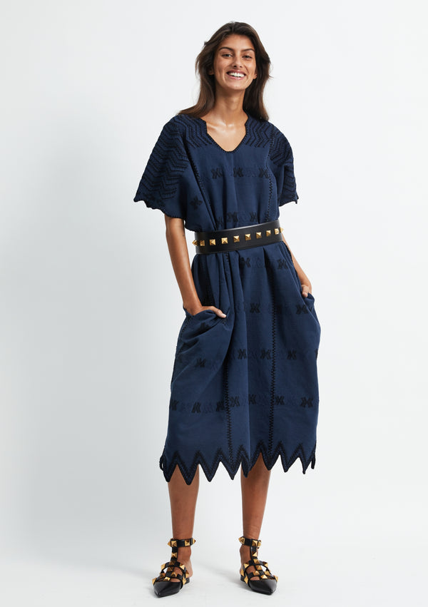 pippa holt Kaftan No.285 Three panel maxi kaftan in navy with black design and zig zag hem