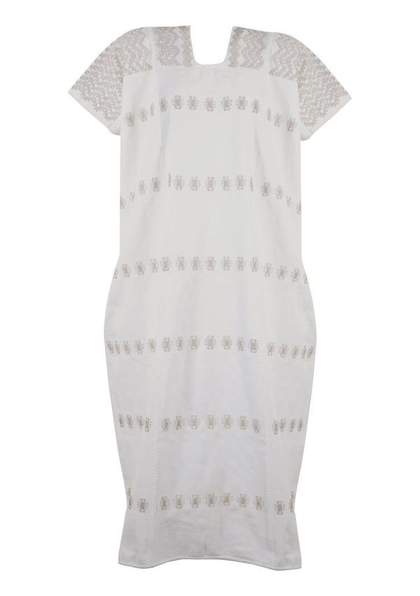 Pippa Holt Kaftan No.288 Three Panel Midi Kaftan In White With Silver Metallic Design