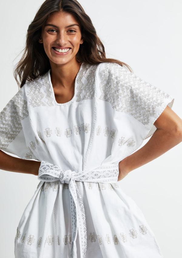 Pippa Holt Kaftan No.288 Three Panel Midi Kaftan In White With Silver Metallic Design