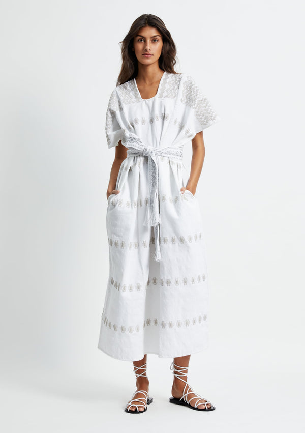 pippa holt Kaftan No.288 Three panel midi kaftan in white with silver metallic design