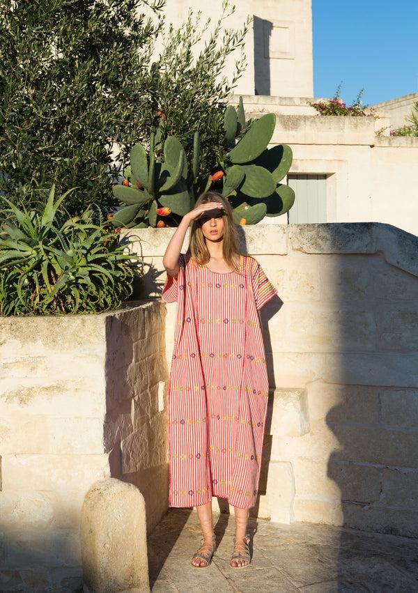 pippa holt Kaftan No.29 Three panel midi kaftan in pink / ochre stripe with multi coloured design