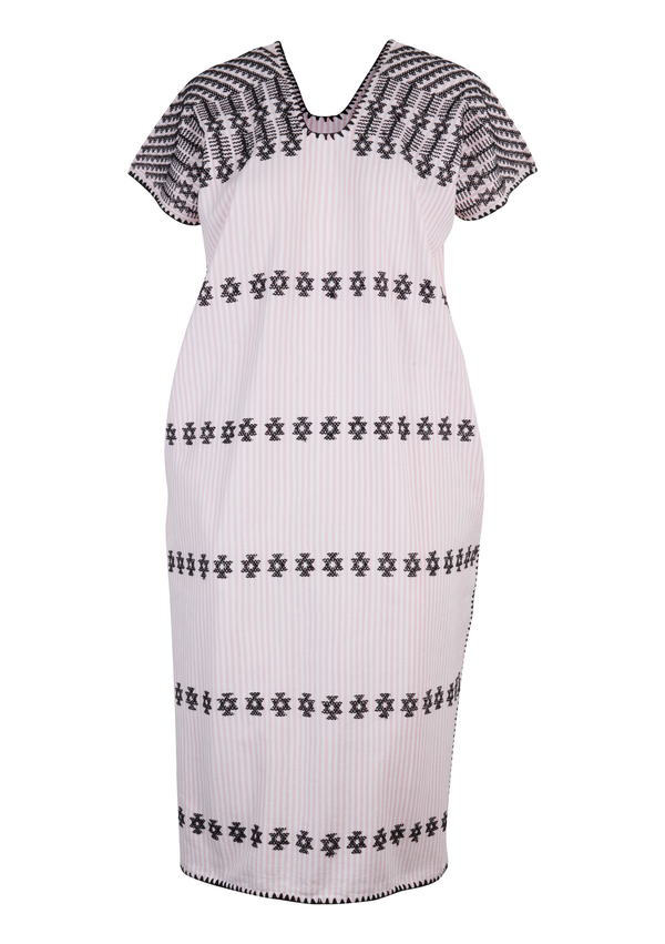 Pippa Holt Kaftan No.291 Single Panel Midi Kaftan In Blush Pink And White Stripe With Black Design