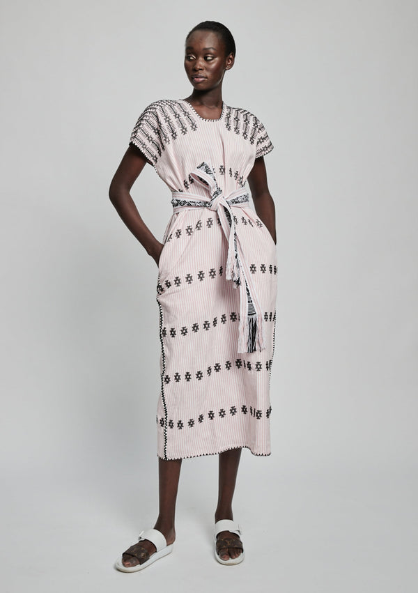pippa holt Kaftan No.291 Single panel midi kaftan in blush pink and white stripe with black design