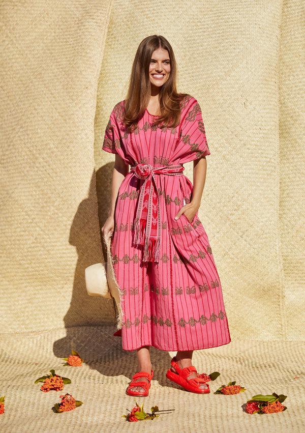 Pippa Holt Kaftan No.292 Three Panel Midi Kaftan In Watermelon And Red Stripe With Khaki People Design