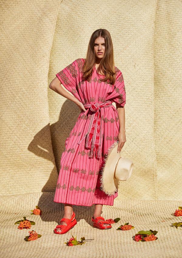 pippa holt Kaftan No.292 Three panel midi kaftan in watermelon and red stripe with khaki people design